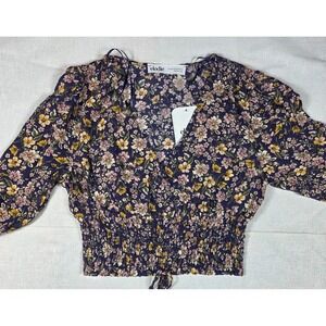 Elodie Floral Smocked Peasant Top XS Boho Cottagecore Faux Wrap Blouse NWT